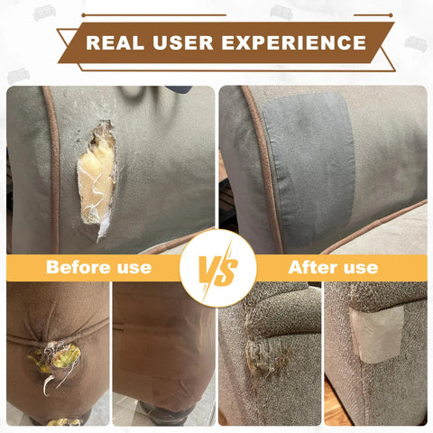 Before and after images of Premium Gray Velvet Fabric Repair Patches Self Adhesive Couch Menders applied to damaged sofa.