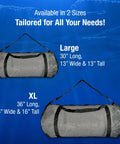Heavy-Duty Mesh Duffle Bag For Scuba Gear And Beach Essentials, image showing large and XL size dimensions in inches