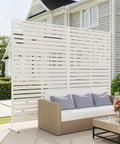 Outdoor Metal Privacy Screen Freestanding 6Ft Room Divider Panel 72In High By 47In Wide With Stand White in garden setting