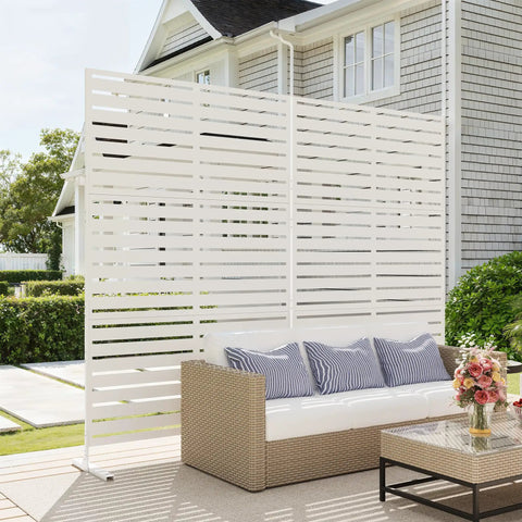 Outdoor Metal Privacy Screen Freestanding 6Ft Room Divider Panel 72In High By 47In Wide With Stand White in garden setting