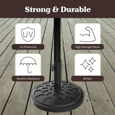 Heavy Duty 19 Pound Outdoor Umbrella Base Stand For Patio Tables And Tilt Freestanding Umbrellas, Durable Black Weighted Base For Stable Shade, Garden Patio Accessory on wooden deck