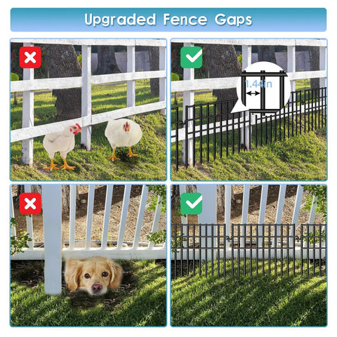 37ft Long Garden Animal Barrier Fence 13 Inch High Rustproof Metal Wire No Dig Dog Border Fence 26 Pack Ground Stakes 1.44 Inch Gap Decorative Fence Keep Dogs Rabbits Out of Your Yard installed with panel close-up.