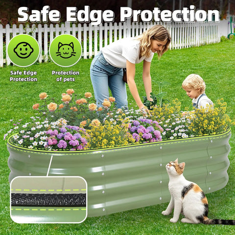 Olive green Galvanized Metal Raised Garden Bed Kit with flowers and safety edging, woman and child planting, outside scene.