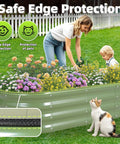 Woman gardening with child and cat near Galvanized Metal Raised Garden Bed Kit For Outdoor Planter Box With Safety Edging And Gloves, No Fuss Assembly, 4x2x1 Ft, Great For Growing Veggies, Fruits, And Flowers In Olive Green, 3 Piece Set