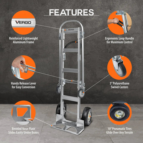 AS7B Heavy Duty Aluminum Hand Truck 2 In 1 Convertible Dolly, 800 Lb Capacity with ergonomic handle and beveled nose plate