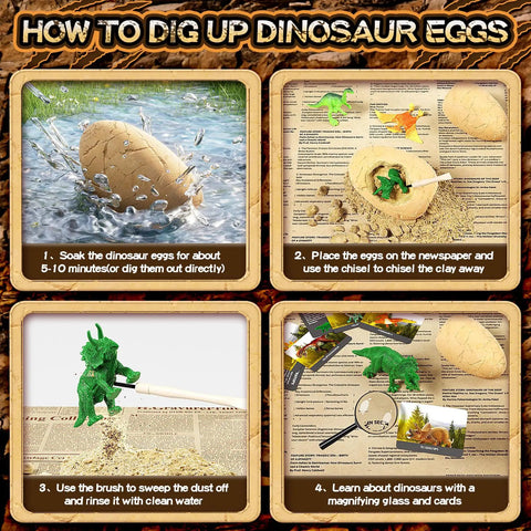 Steps for using 24 Dino Eggs Dig Kit For Kids With Magnifier And Excavation Tools, instructions for dinosaur egg excavation