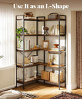 Dope L Shaped Corner Bookshelf With Metal Frame And Wooden Shelves Ten Open Shelves 49.4 Inch Wide Bookcase Rustic Brown Finish Adjustable Feet For Easy Leveling Modern Industrial Look in living room setting