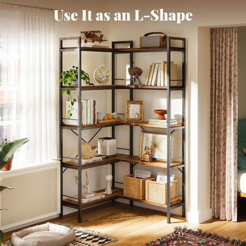 Dope L Shaped Corner Bookshelf With Metal Frame And Wooden Shelves Ten Open Shelves 49.4 Inch Wide Bookcase Rustic Brown Finish Adjustable Feet For Easy Leveling Modern Industrial Look in living room setting