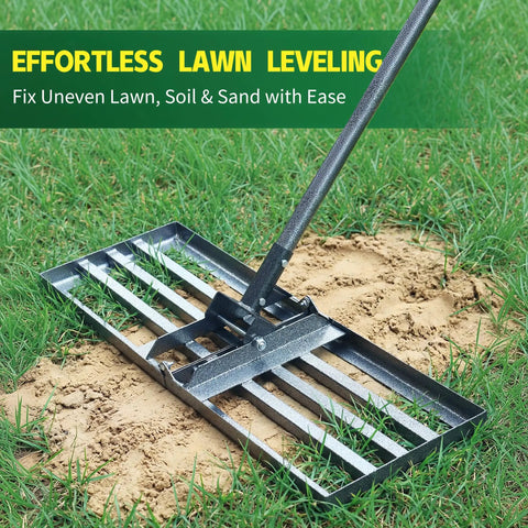 Heavy Duty Carbon Steel Lawn Leveling Rake 6 Ft Yard Leveler For Soil Sand Grass 30 By 10 Inch in use on grass and soil