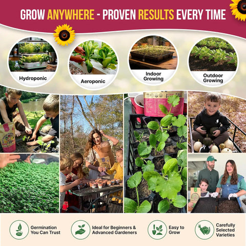 55 Vegetable Seeds Variety Pack Non GMO Heirloom Seeds For Your Home Garden Indoors And Outdoors Hydroponic Ready 35,600 Plus Seeds In Individual Packets Great Starter Kit For Veggie Growers with images of hydroponic and outdoor growing setups
