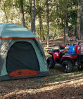 Tent and ATV with portable 5 gallon military style water jug for camping and RVs sand colored