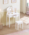 Kids Vanity Table Set With Gold Bow for Little Girls, sturdy white wood makeup desk, safe non toxic finish in elegant playroom.