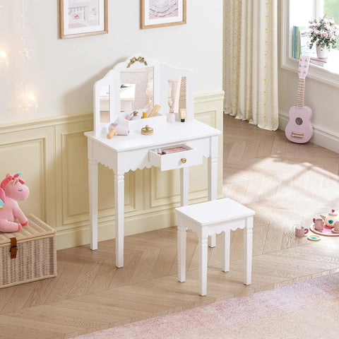 Kids Vanity Table Set With Gold Bow for Little Girls, sturdy white wood makeup desk, safe non toxic finish in elegant playroom.