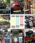 Collage of 18 Piece Adjustable Bungee Cord Set with Wide Hook Openings securing items on vehicles and storage, showcasing versatility.