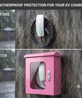Heavy Duty Galvanized Steel EV Charger Protection Housing Box With Sloped Rain Hood And Secure Combo Lock For All Weather Outdoor Charging Stations Tough As Nails Weather Guard mounted on wall protecting EV charger from rain.
