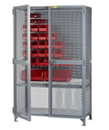 Heavy Duty Gray Steel Tool Storage Locker With Louvered Back Panel And One Center Shelf Rock Solid Shop Cabinet showcasing red storage bins.