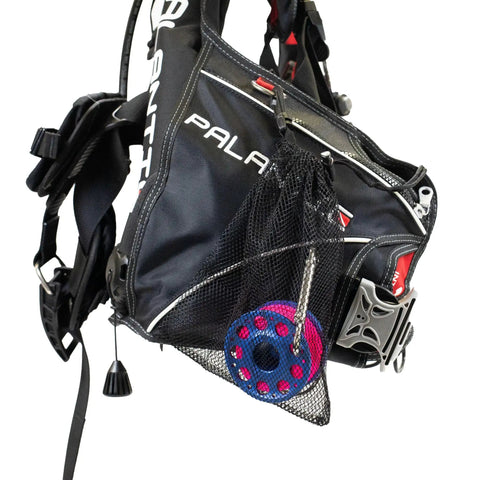 Heavy Duty Mesh Snorkel And Dive Gear Bag With Clip Side Lock For Easy Access, attached to diving equipment, black