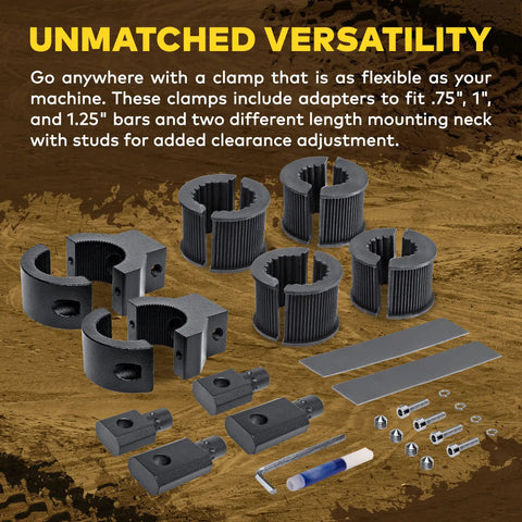 Off Road Light Bar Mounts For ATV UTV 360 Degree Rotating Clamp Kits Aluminum Roll Bar Mounts Two Pack 0.75 Inch 1 Inch 1.25 Inch Bull Bar Roll Cage Clamps displayed with components on wood background.