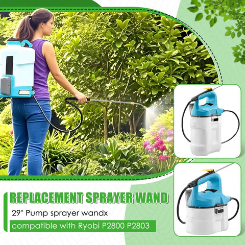 Replacement Sprayer Wand For Ryobi P2800 And P2803 in use, woman spraying garden with retractable stainless steel wand.