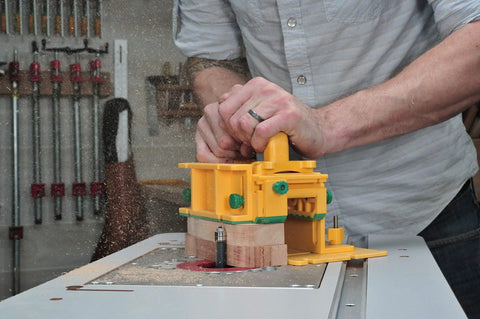 Person using Double Pack Pro Model GR-420 With Two Advanced GRR-Ripper Safety Tools And Handle Bridge Kits on a table saw