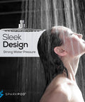 Woman enjoying shower under Massive 9.5 Inch Rain Shower Head With High Pressure Water Flow Full Body Coverage Anti Clog Silicone Nozzles