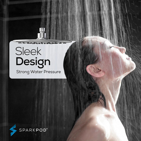 Woman enjoying shower under Massive 9.5 Inch Rain Shower Head With High Pressure Water Flow Full Body Coverage Anti Clog Silicone Nozzles