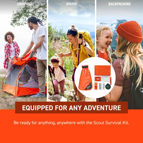 Camping, hiking, and backpacking with Waterproof Survival Kit In A Rugged Bag With Emergency Thermal Blanket, tools shown