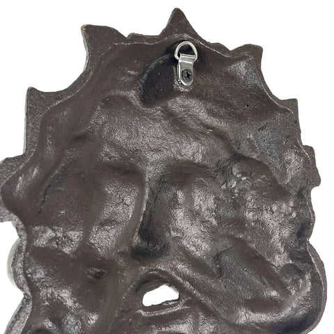 Top Tier Green Man Wall Decor, Slick 9.75 Inch Heavy Duty Cast Iron Plaque close-up of intricate details and hook for hanging.
