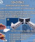 W10632400 4317943 Refrigerator Ice Maker Replacement Kit showing parts and symptoms list