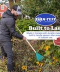 Person using Heavy Duty 8 Inch Garden Rake with 48 Inch Hardwood Handle for shrubs and flower beds compact rake for tight spaces