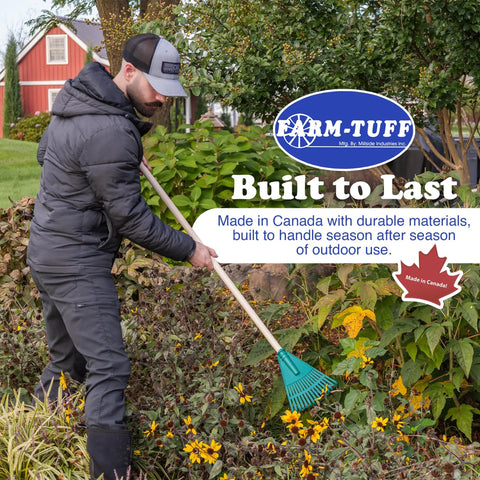 Person using Heavy Duty 8 Inch Garden Rake with 48 Inch Hardwood Handle for shrubs and flower beds compact rake for tight spaces