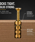 Thirty Five Pack Heavy Duty Self Expanding Metal Anchor Screws Tough Zinc Steel Plugs designed to bust sagging cabinet hinges in wood.