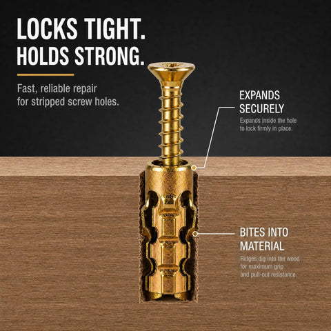 Thirty Five Pack Heavy Duty Self Expanding Metal Anchor Screws Tough Zinc Steel Plugs designed to bust sagging cabinet hinges in wood.