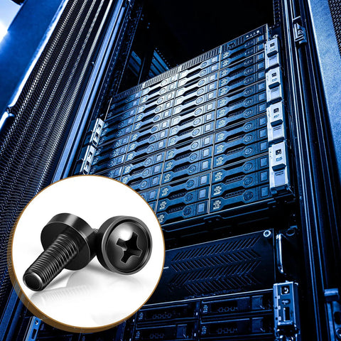 Hella Sturdy M6 Rack Mount Screws And Cage Nuts With Black Washers Stainless Steel Server Cabinet Hardware 100 Pack showing rack installation.