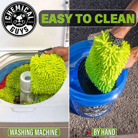 Chenille Premium Scratch-Free Microfiber Wash Mitt For Your Ride Car Cleaning Lime Green Ultra-Soft Glove in washer and bucket