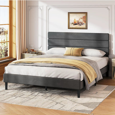 Queen Velvet Upholstered Bed Frame With Tufted Headboard And Reinforced Wood Slats Heavy Duty 1500 Lbs Support Zero Box Spring Needed Easy Assembly in cozy grey
