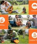 Portable 20000mAh Rechargeable Camping Fan With LED Light Remote USB C and USB A Charging in various outdoor scenarios
