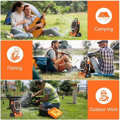 Portable 20000mAh Rechargeable Camping Fan With LED Light Remote USB C and USB A Charging in various outdoor scenarios