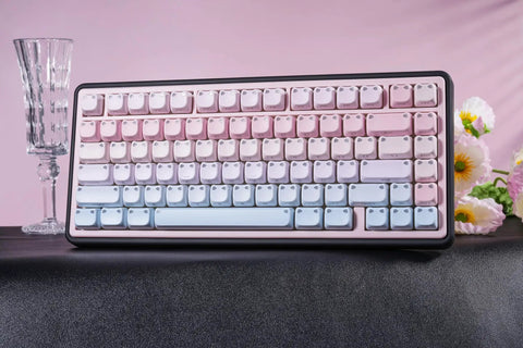 Cute Bubble Cat Wireless Mechanical Keyboard Hits Different With Creamy 75 Percent Layout Hot Swappable Switches Cat Ear Shine Through Keycaps close-up with pastel colors and floral backdrop.
