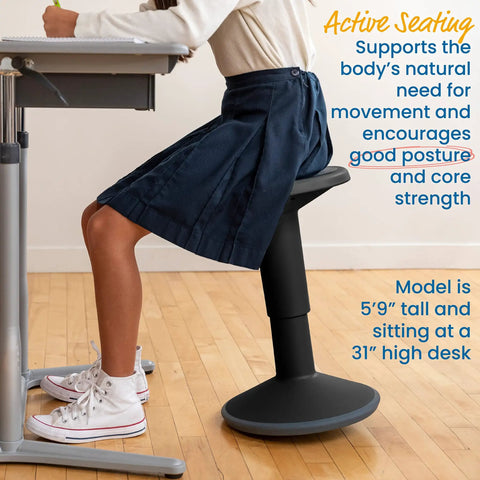 Person sitting on SitWell Wobble Stool With Adjustable Height For Active Seating In Classrooms And Libraries, Encourages Core Engagement