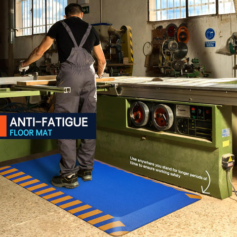 Top Shelf Anti Fatigue Standing Floor Mat Engineered From Dense Memory Foam For Shops And Home Desks Delivering Heavy Duty Comfort To Ease Persistent Leg And Back Soreness During Every Grueling Shift In Navy With Yellow Trim
