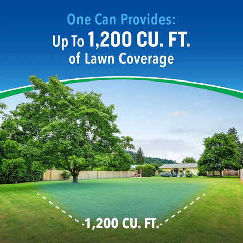 Image displaying a backyard with a highlighted area labeled '1,200 CU. FT.' showing coverage of Outdoor Backyard Bug Control Fogger Kills Mosquitoes.