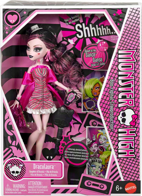 Iconic Design Draculaura Reproduction Doll In A Dope Pink Ruffle Dress showcasing pink outfit and accessories in packaging.