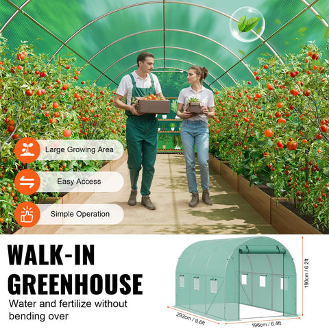 Beefed-Up Walk-In Tunnel Greenhouse With Galvanized Steel Frame And Green PE Cover, 9.6 By 6.4 By 6.2 Feet Hoop House With Roll-Up Zipper Door And Six Windows For Outdoor Plant Growing And Garden Season Extension