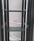 Interior view of 48U Server Rack Cabinet With Vented Top Cover And Two Adjustable Shelves, showing 18.5" shelf for networking gear.