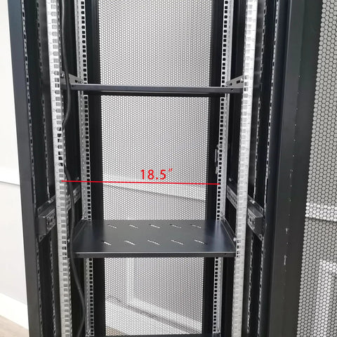 Interior view of 48U Server Rack Cabinet With Vented Top Cover And Two Adjustable Shelves, showing 18.5" shelf for networking gear.