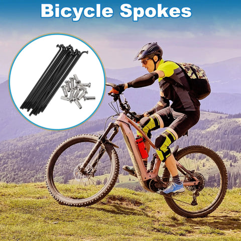 Black 14G 85Mm 304 Stainless Steel Bicycle Spokes Set For Mountain City And Road Wheels With Beefed Up Elbow Spokes 69Mm Without Elbow Length Nipple Size 12x6Mm 1 Pack displayed with cyclist on mountain trail.