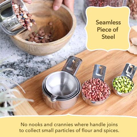 Pro Chef Grade Stainless Steel Measuring Cups And Spoons Set Of 12 With Stackable Long Handles in use with dry beans