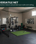 Golf Net For Hitting Practice 10 Ft To 50 Ft Adjustable Net in gym setup with exercise equipment