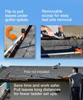 Gutter Cleaner Pro tool used from ground and roof to clean gutters, no ladder needed, removes leaves under spikes, pole not included.